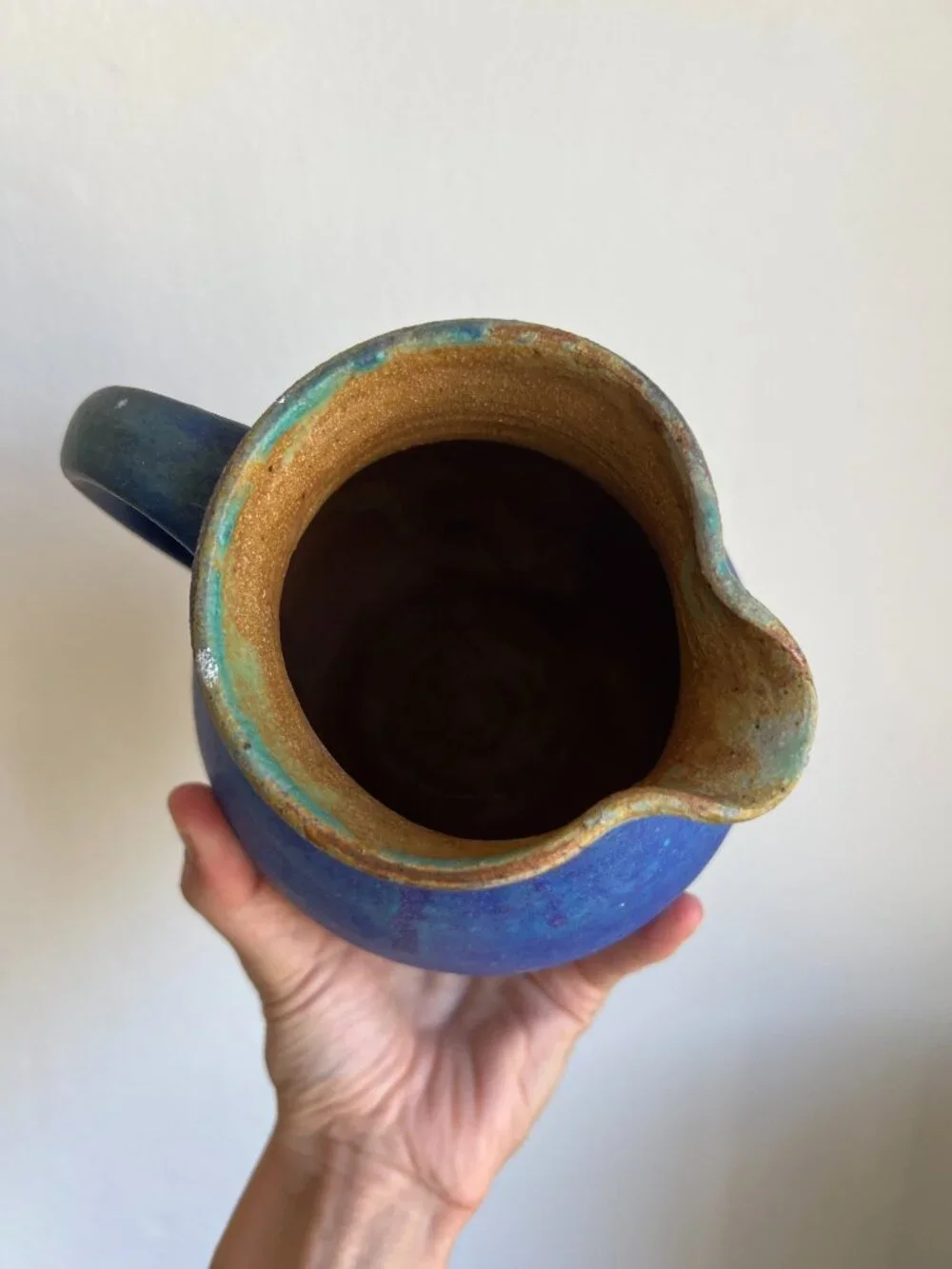 Vintage Studio Pottery Cerulean Blue Pitcher Vase Signed Hand Thrown Stoneware